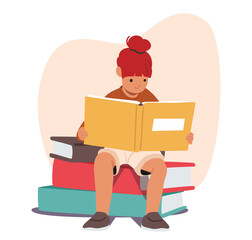 Cute smart girl kid cartoon character reading sitting on stack of huge books enjoying hobby