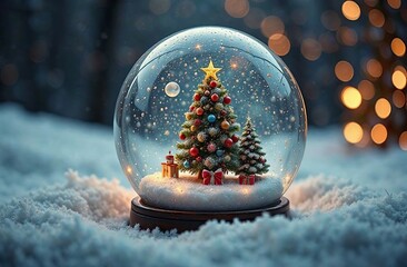 Glass snow globe with Christmas tree inside on snow. Blurred background forest. Postcard for New Year's celebration. Merry Christmas advertising poster. Banner for winter sale