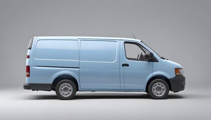 A blue cargo van with a blank side panel, parked on a plain background
