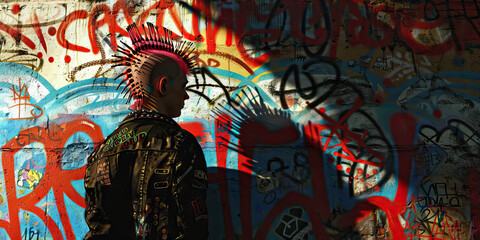 Fototapeta premium Person with Mohawk and Leather Jacket in Front of Graffiti Wall