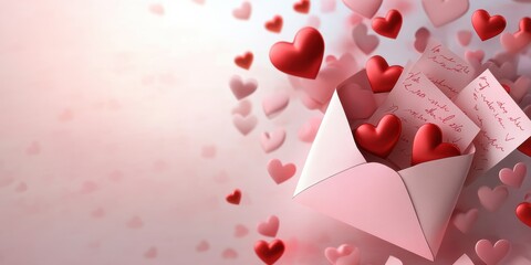 A charming Valentines Day scene features an open envelope bursting with red hearts and romantic notes, symbolizing love and affection, ideal for a joyful, intimate date celebrating two lovers