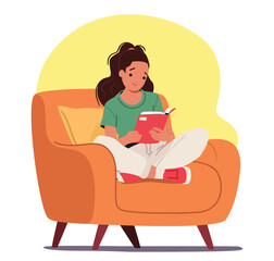 Smiling teenage girl cartoon character reading book while sitting in comfortable home armchair