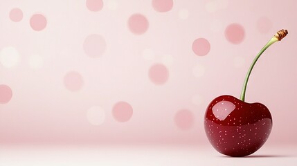   A cherry-shaped object with a stem protruding from its center, on a pink backdrop with polka dots