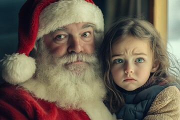 Obraz premium Christmas season season ad campaign concept creative design visual for print and social online ad use. Happy christmas, Ñute child girl discontented with santa claus. Xmas wonders photos.