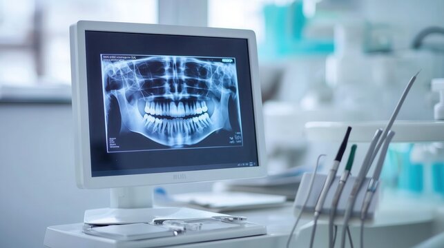 Dental X-ray on a computer monitor showing teeth and jaw structure