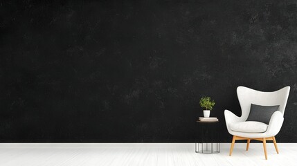   A sleek white chair rests against a dark wall, while a lush potted plant sits atop a petite table
