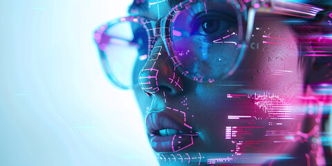 Woman's Face with Overlaid Digital Data and Geometric Patterns