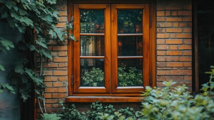 Fototapeta premium Rustic wooden window in brick wall, vines and plants.
