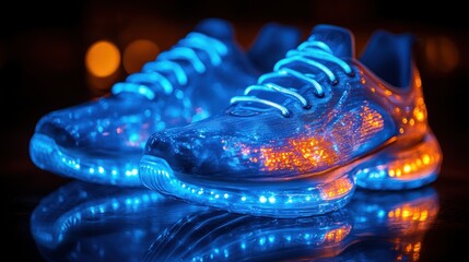 Futuristic glowing sneakers with vibrant blue and orange lights.