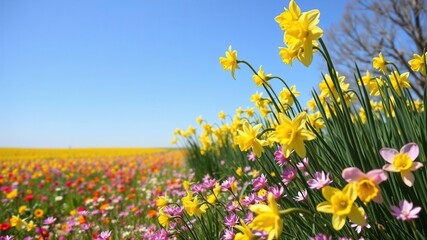 A breathtaking field of vibrant yellow daffodil flowers blooming under the clear blue sky, bloom, spring, field