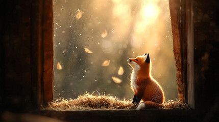 Fototapeta premium A small red fox sits on top of a hay bale, gazing out at the forest's falling leaves