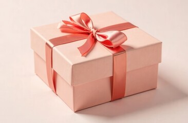 Obraz premium A single elegant pink gift box adorned with a shiny satin ribbon and bow in soft coral hues. 