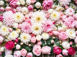 Artificial flowers wall in vintage style with roses, peonies, and dahlias in pastel colors, perfect for background in events, weddings, and home decor, artificial, dahlias, roses