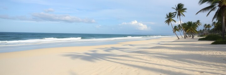 A stunning view of a sandy beach with crystal clear turquoise water and lush green palm trees, sand, peaceful, serene