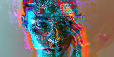 Digital Face with Glitch Effects and Data Overlay