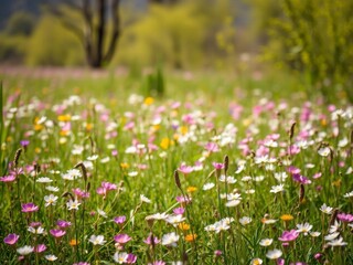 Bright yellow daffodil flowers blooming in a vast field under the warm sunlight, vibrant, picturesque