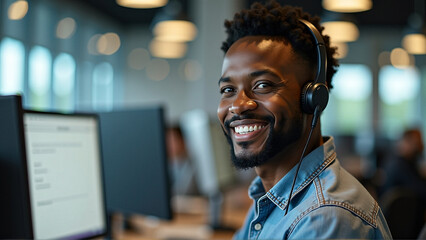 Fototapeta premium Smiling customer service agent wearing headset handsome African American male at call center