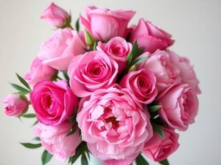Obraz premium Fresh bunch of pink peonies and roses on a white background with space for text, copy space, beautiful, romantic