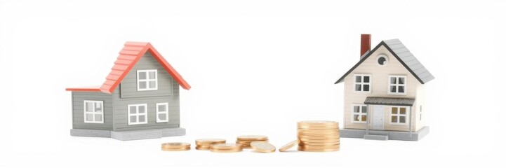 House model with a stack of coins representing mortgage and homeownership concept, real estate, payment, interest