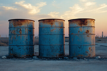 Three weathered blue barrels stand on barren land with rust textures glowing softly under a pastel evening sky
