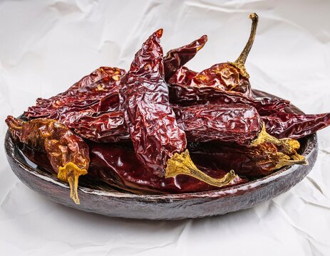 Dried wrinkled chilies floating in the air on a white background.