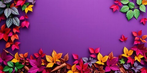 Pattern of dry orange metallic leaves on violet background, texture, foliage, forest