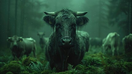 A dark, atmospheric scene featuring a cow in a misty forest setting.