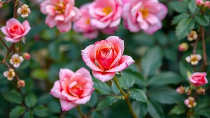 Rose flower arrangement surrounded by lush green leaves, garden, rose