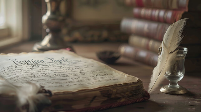 Celebrating USA Constitution Day with an open book featuring the U.S. Constitution alongside a quill and inkwell, set against a historical backdrop - Powered by Adobe