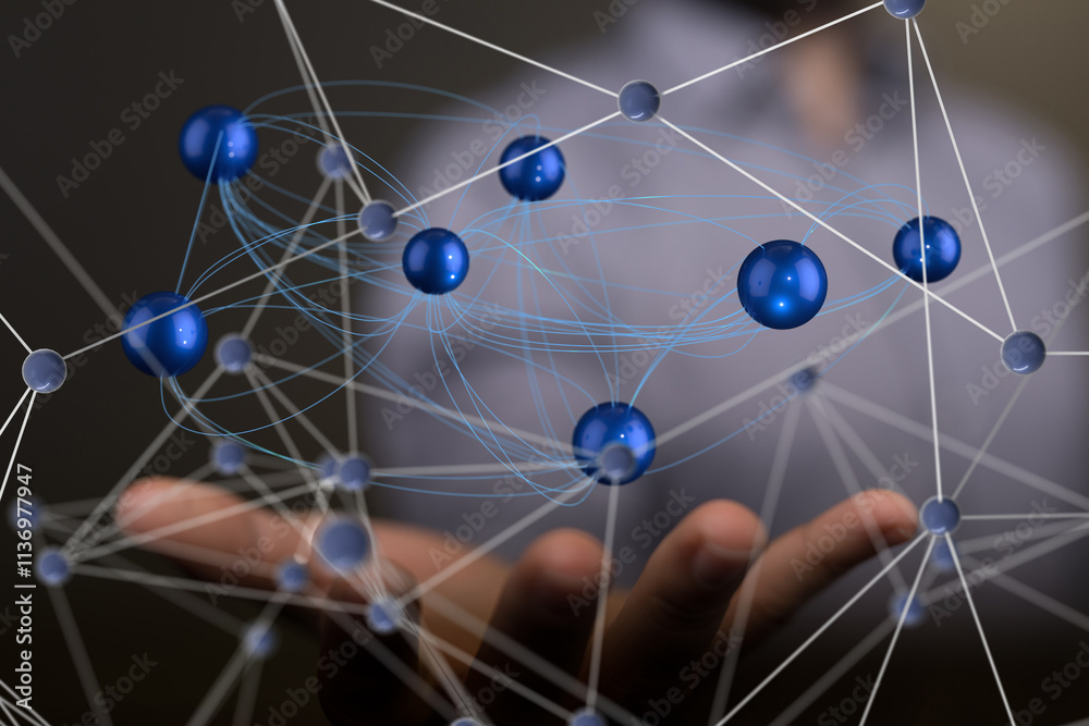 Poster Neural network 3D illustration. Big data and cybersecurity