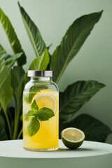 Refreshing lemon basil detox drink in a glass bottle with natural green background