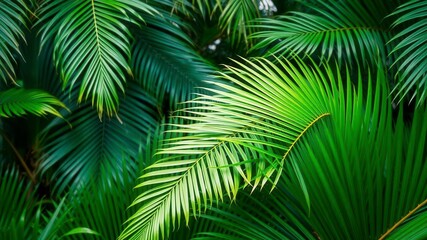 Fototapeta premium Tropical palm leaves in lush greenery against a clear blue sky, botanical garden, nature, palm leaves