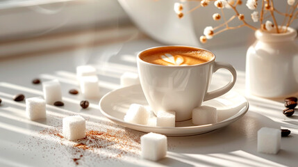 Warm latte art nestled in sunlight with sugar and coffee beans nearby