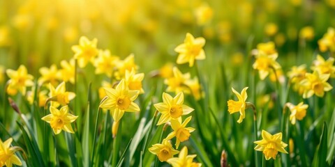 Obraz premium Vibrant yellow daffodil flowers blooming in a vast green field under the sunlight, outdoors, spring