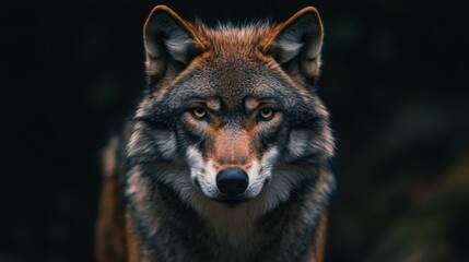 Obraz premium A serene and captivating image of a wolf gazing calmly into the distance, set in a dark and moody forest. The image beautifully showcases the wolf's natural grace and quiet strength in its untamed
