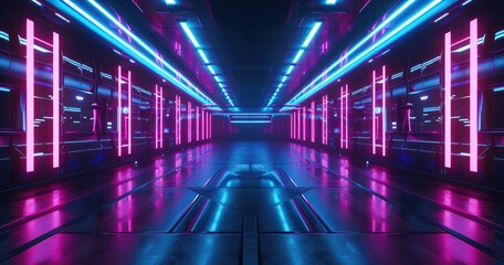 Fototapeta premium A futuristic corridor with vibrant neon lights and reflective surfaces.