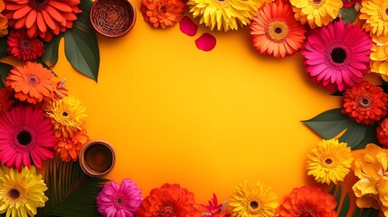 Obraz premium Minimalist background of the traditional Bathukamma festival, featuring Indian cultural elements and floral art with vibrant colors