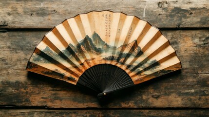 Oriental Hand Fan With Mountain Landscape Design