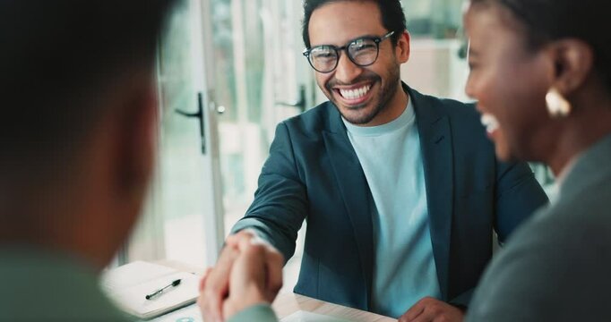 Happy, business people and interview with handshake for hiring, meeting or agreement together at office. Businessman, employees or colleagues shaking hands with smile for b2b, deal or recruiting