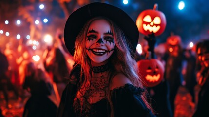 A woman dressed in Halloween makeup and a witch costume smiles joyfully amidst a glowing nighttime party. The scene is filled with pumpkins, costumes, and celebratory lights, creating a vibrant