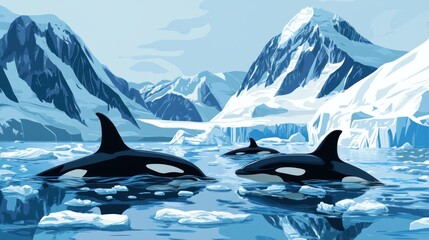Obraz premium Orcas swimming in icy arctic waters near snowy mountains.