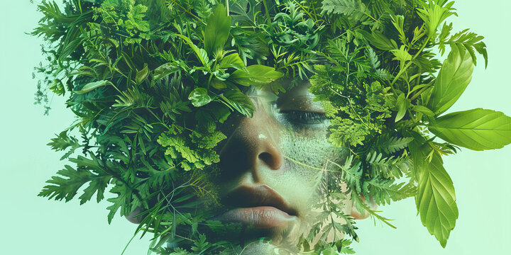 Double Exposure of Human Face and Green Foliage