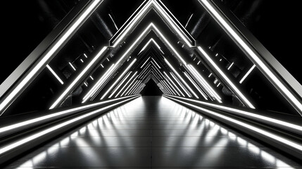 Futuristic monochrome tunnel with bright neon lights, geometric architecture, and sleek metallic surfaces. Ideal for science fiction, technology, or abstract backgrounds.