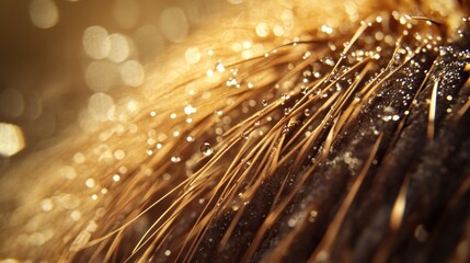 Dew drops on golden grass, close-up macro shot.
