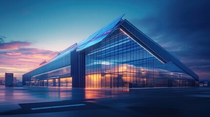 Futuristic glass building at sunset.