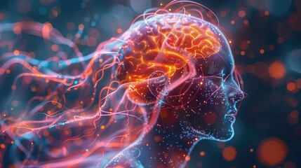 A digital representation of a human head with a glowing brain, symbolizing thought and creativity.