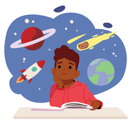 Dreamlike boy cartoon character imagining outer space while reading book about cosmos scene