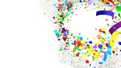 A vibrant explosion of confetti in yellow, blue, and orange colors on a white background. Ideal for celebration, party, and festive designs.