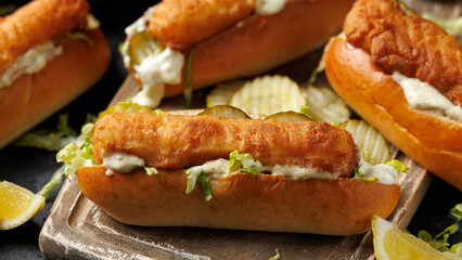 Fish finger hot dogs with gherkin and tartar sauce