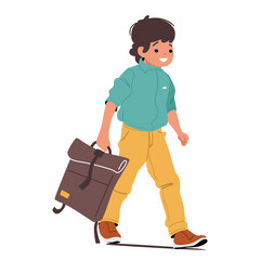 Primary age schoolboy student cartoon character carrying schoolbag going to study isolated on white